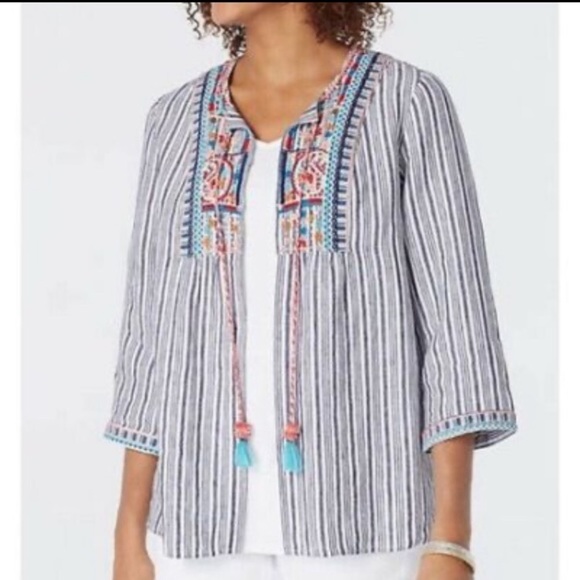 J.Jill Love Linen Striped Embroidered Top Jacket S - Picture 3 of 11